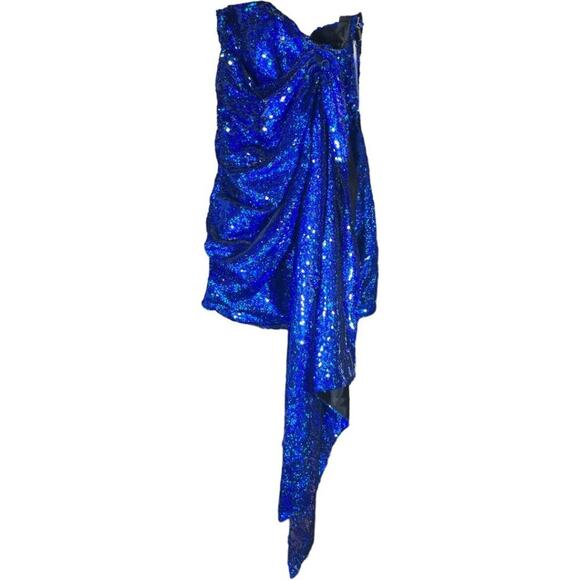 NWT House of CB London Gisele Blue Sequin Draped Strapless Mini Dress XS - Picture 2 of 13